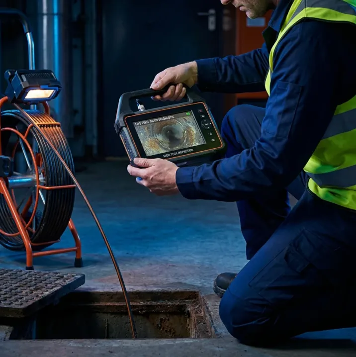 Artisan plombier réalisant une inspection caméra de canalisation à Vincennes